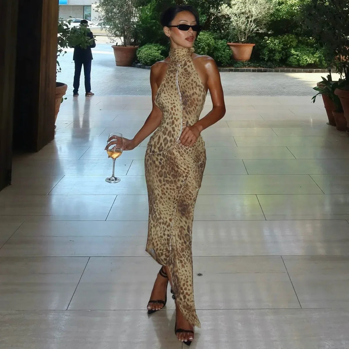 Women's Leopard Print Midi Dress – Halter Neck Backless Wedding Guest