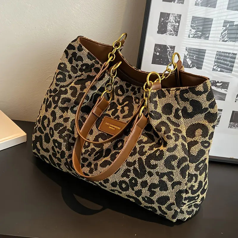 Women's Leopard Print Shoulder Bag – Dual Top Handle Large Work Travel
