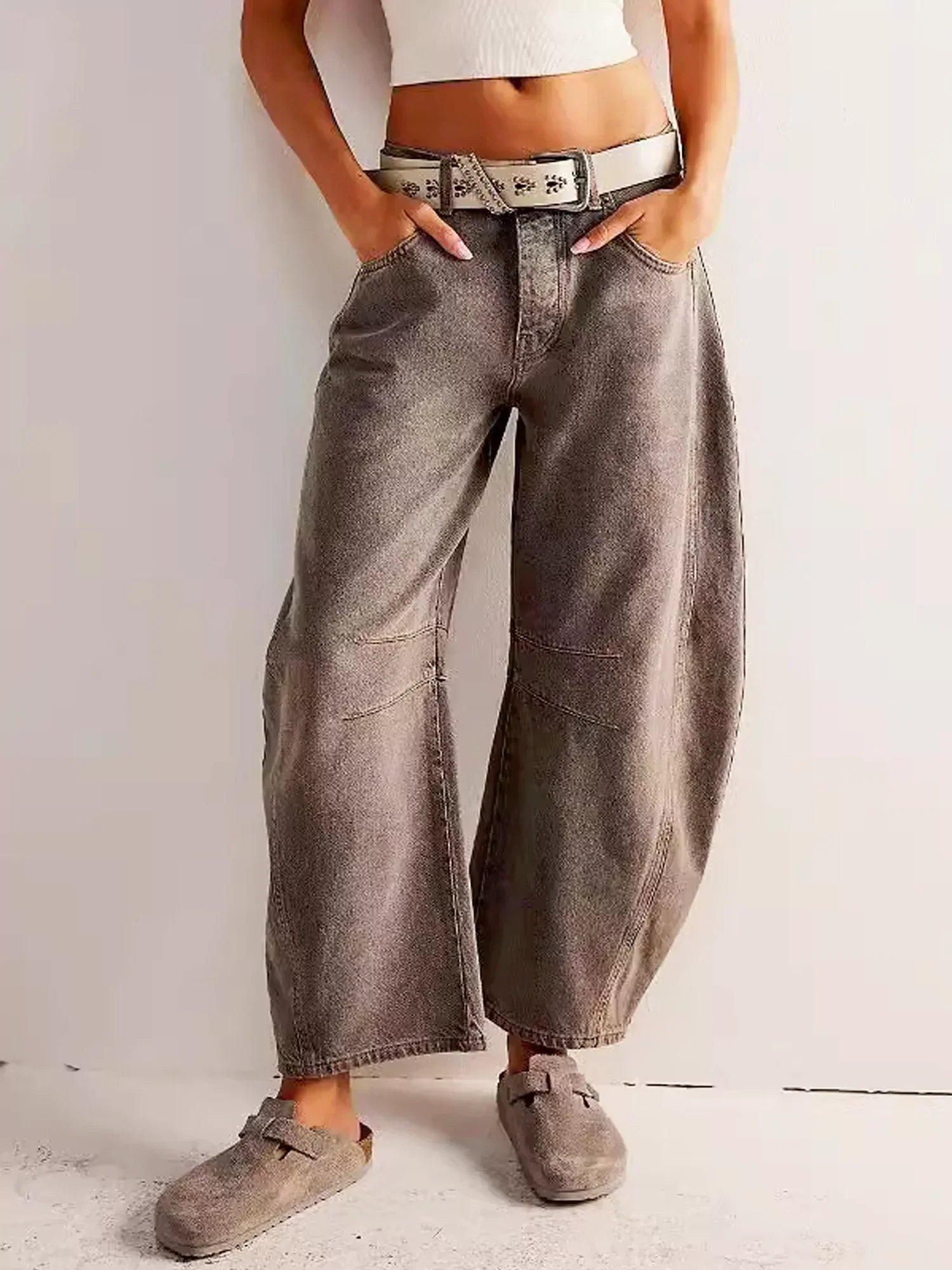 Women's Leopard Print Wide Leg Denim Jeans – High Waist Barrel Fit Casual