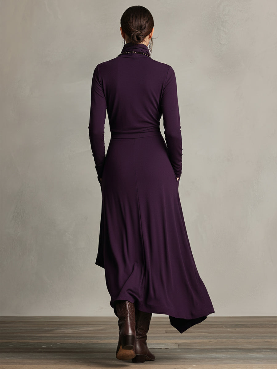 Women's Long Sleeve Turtleneck Wrap Maxi Dress – Asymmetric Hem Draped Pockets
