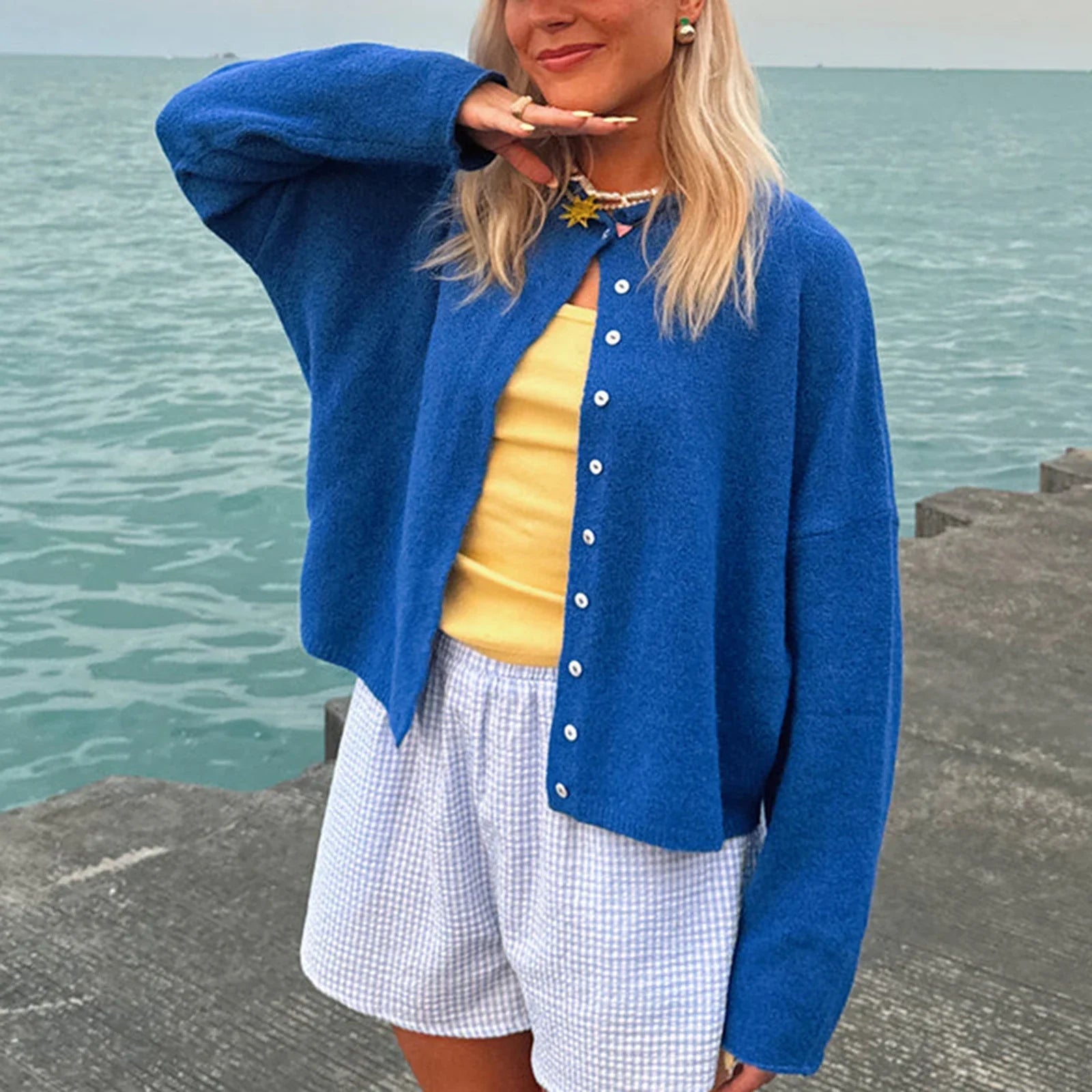 Women's Loose Fit Round Neck Cardigan – Button Front Long Sleeve Knit Sweater