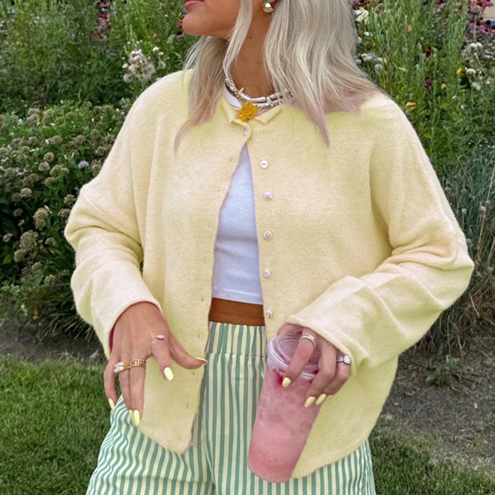 Women's Loose Fit Round Neck Cardigan – Button Front Long Sleeve Knit Sweater