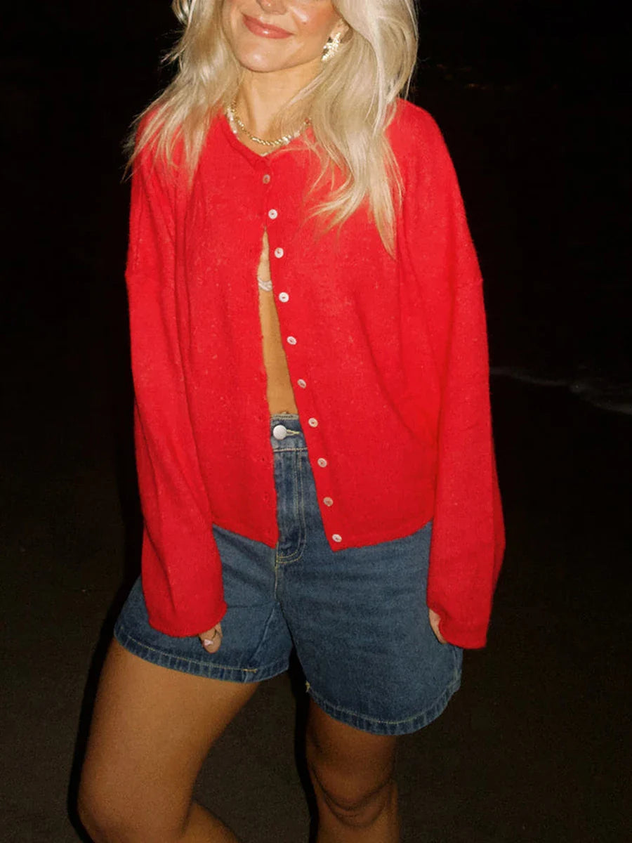 Women's Loose Fit Round Neck Cardigan – Button Front Long Sleeve Knit Sweater