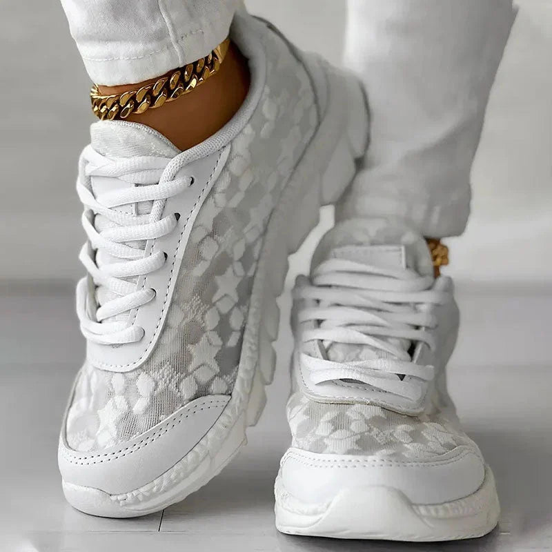 Women's Mesh Floral Sneakers – Lace Up Chunky Platform Low Top Casual