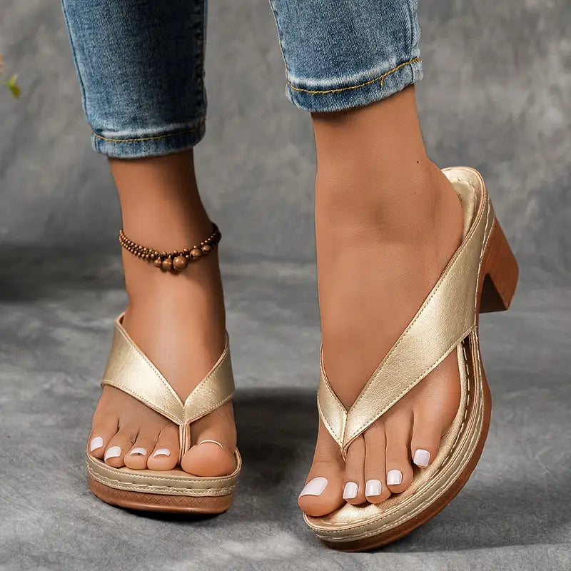 Women's Metallic Thong Sandals – Block Heel Flip Flop Perforated Footbed Summer