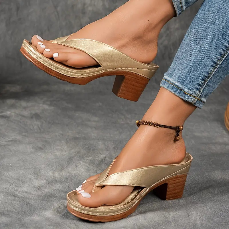 Women's Metallic Thong Sandals – Block Heel Flip Flop Perforated Footbed Summer