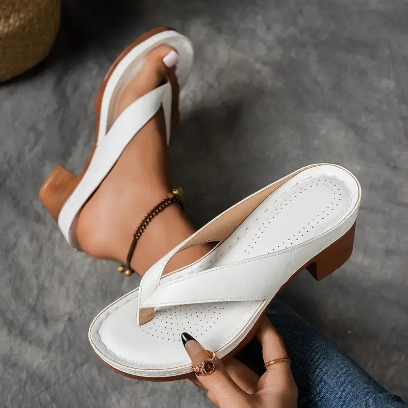 Women's Metallic Thong Sandals – Block Heel Flip Flop Perforated Footbed Summer