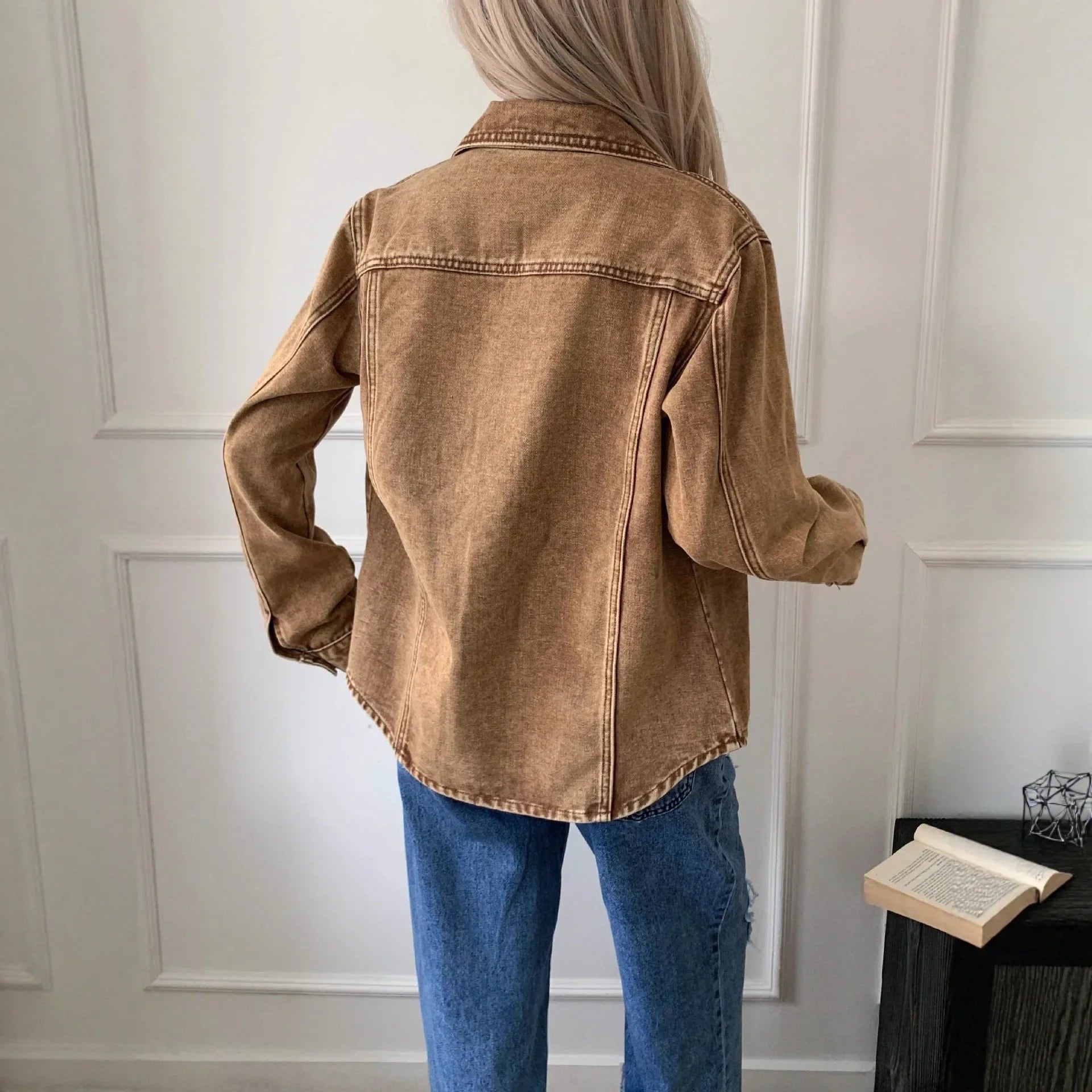 Women's Mineral Wash Denim Jacket – Single Breasted Snap Button Casual