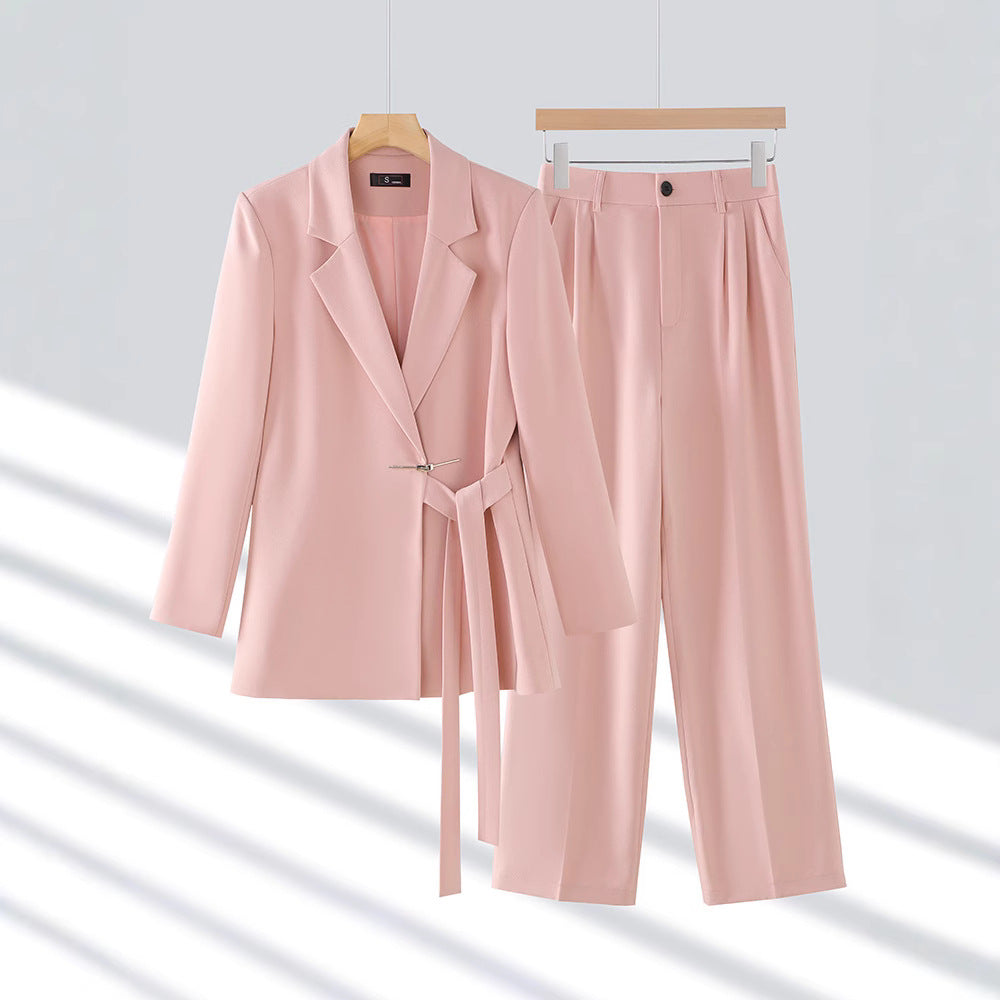 Women's Notch Lapel Two Piece Blazer Trouser Suit Set – Belted Wide Leg Office