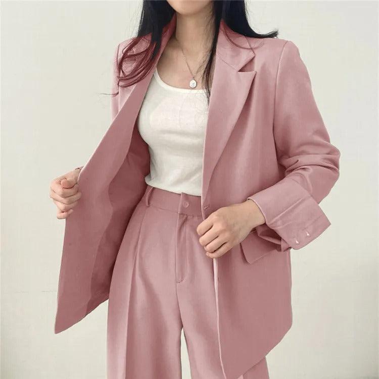 Women's Notch Lapel Two-Piece Suit Set – Single Breasted Blazer Wide Leg Pants