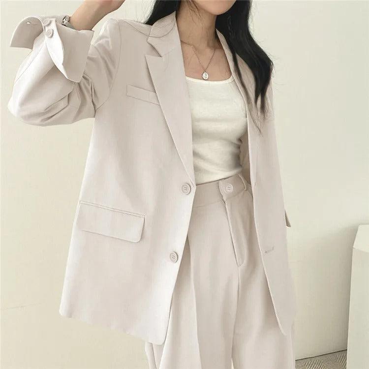Women's Notch Lapel Two-Piece Suit Set – Single Breasted Blazer Wide Leg Pants