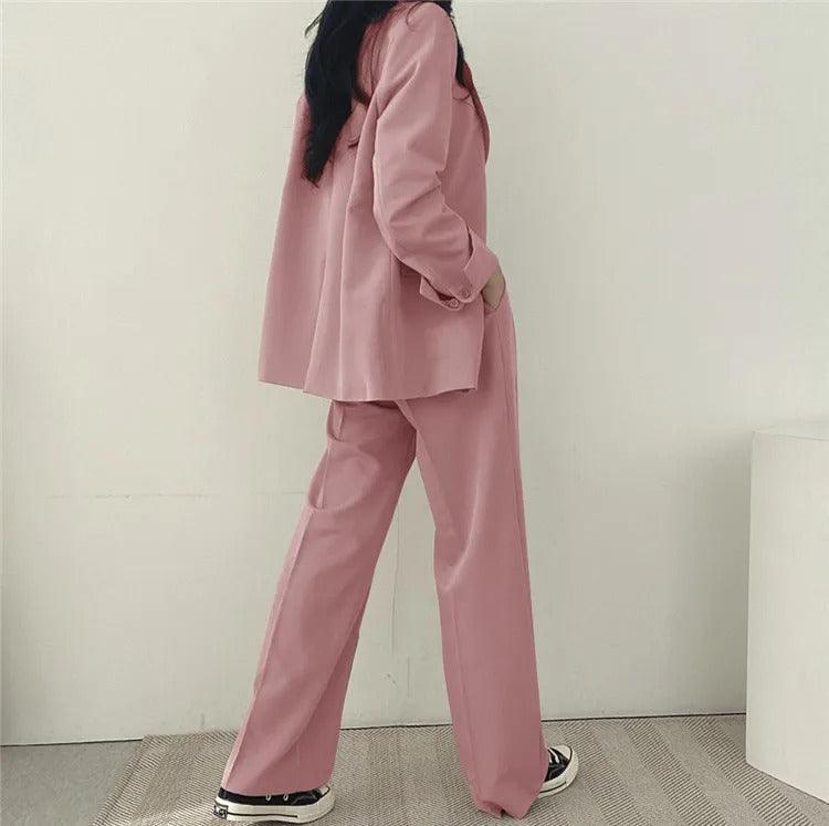 Women's Notch Lapel Two-Piece Suit Set – Single Breasted Blazer Wide Leg Pants