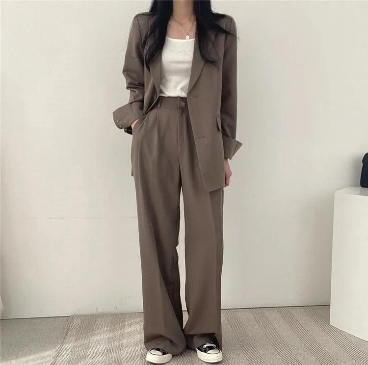 Women's Notch Lapel Two-Piece Suit Set – Single Breasted Blazer Wide Leg Pants