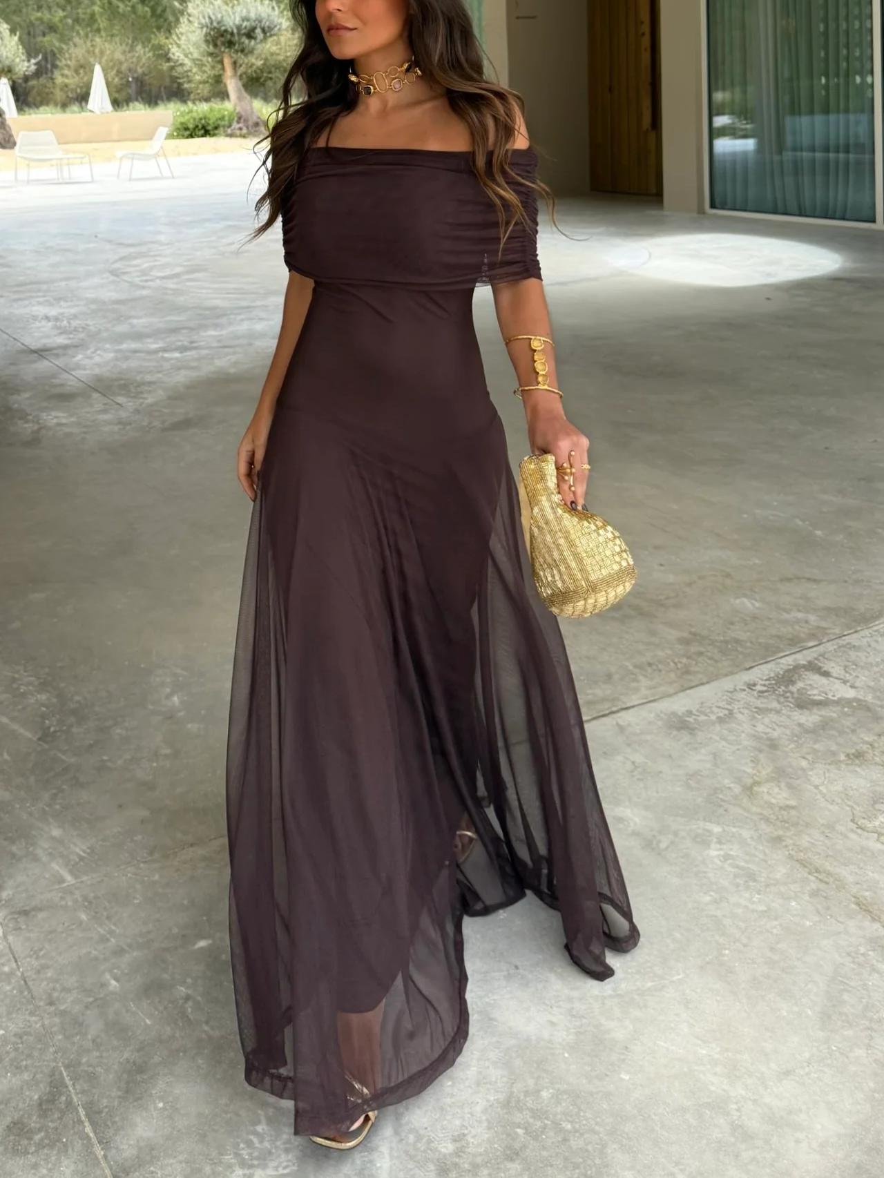 Women's Off Shoulder Sheer Overlay Maxi – Ruched Bodice Wedding Guest Dress
