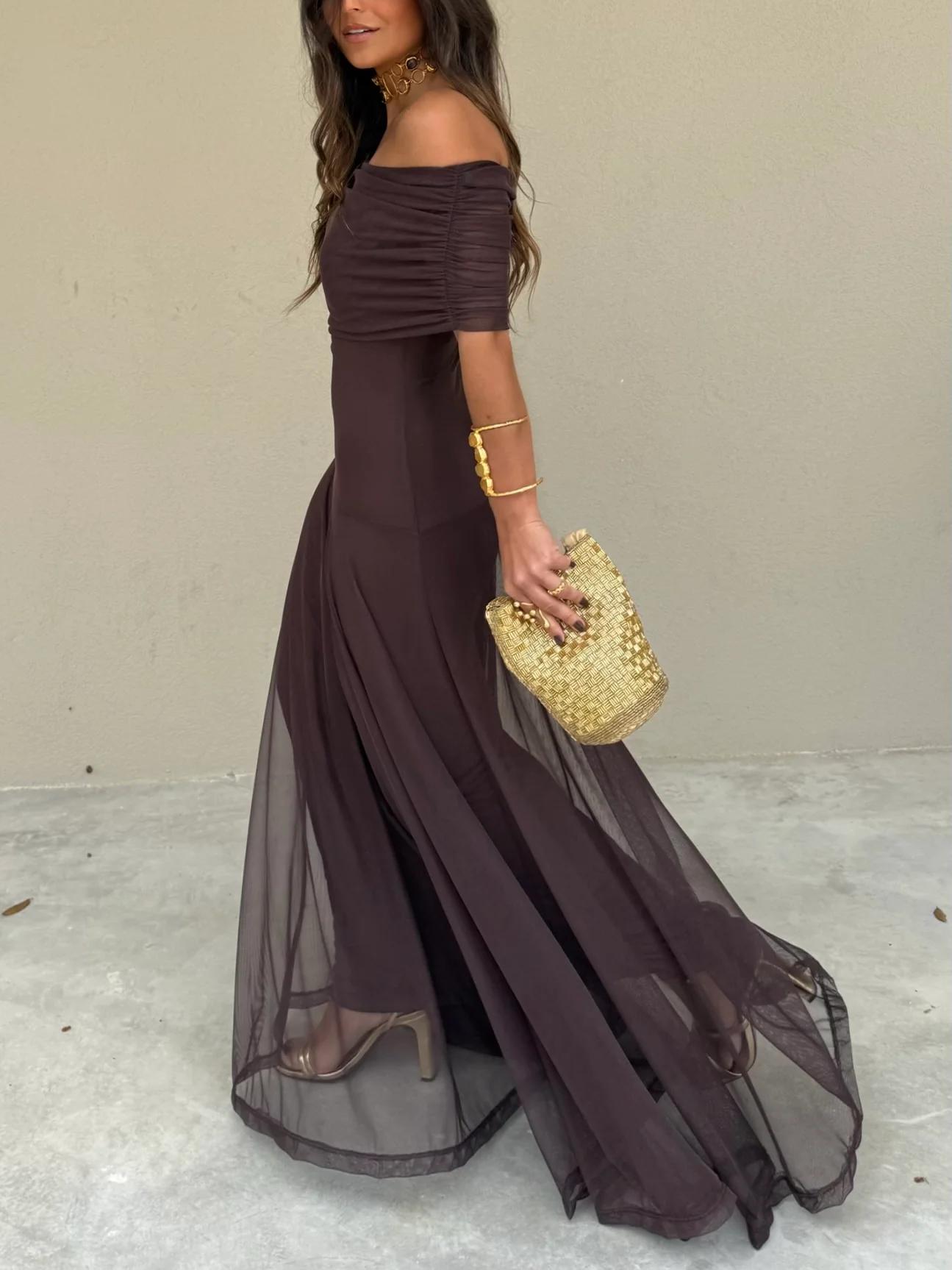 Women's Off Shoulder Sheer Overlay Maxi – Ruched Bodice Wedding Guest Dress