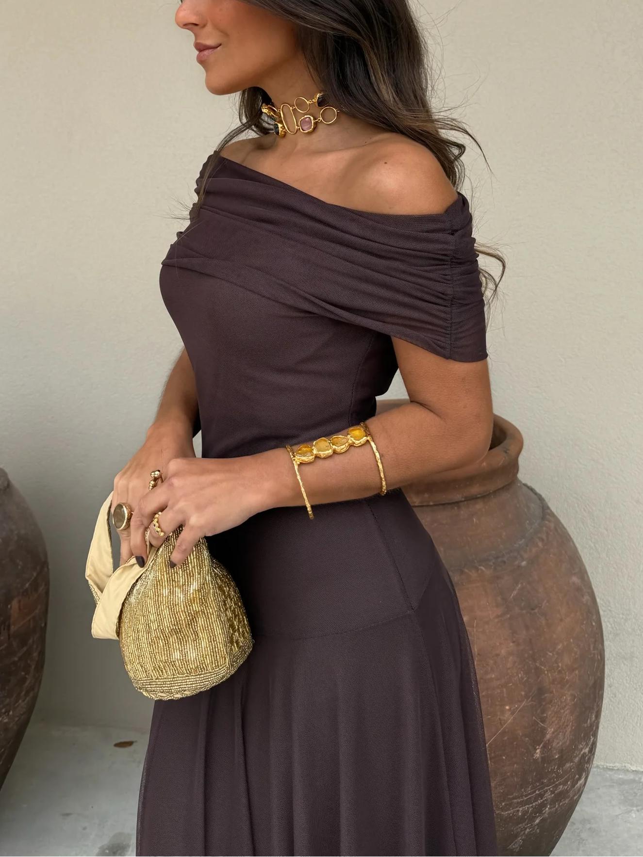 Women's Off Shoulder Sheer Overlay Maxi – Ruched Bodice Wedding Guest Dress