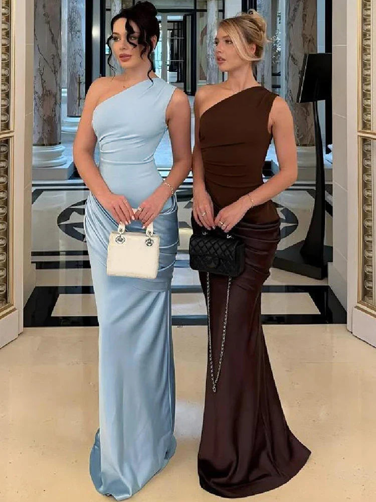 Women's One Shoulder Maxi Dress – Ruched Satin Skirt Sleeveless Wedding Guest