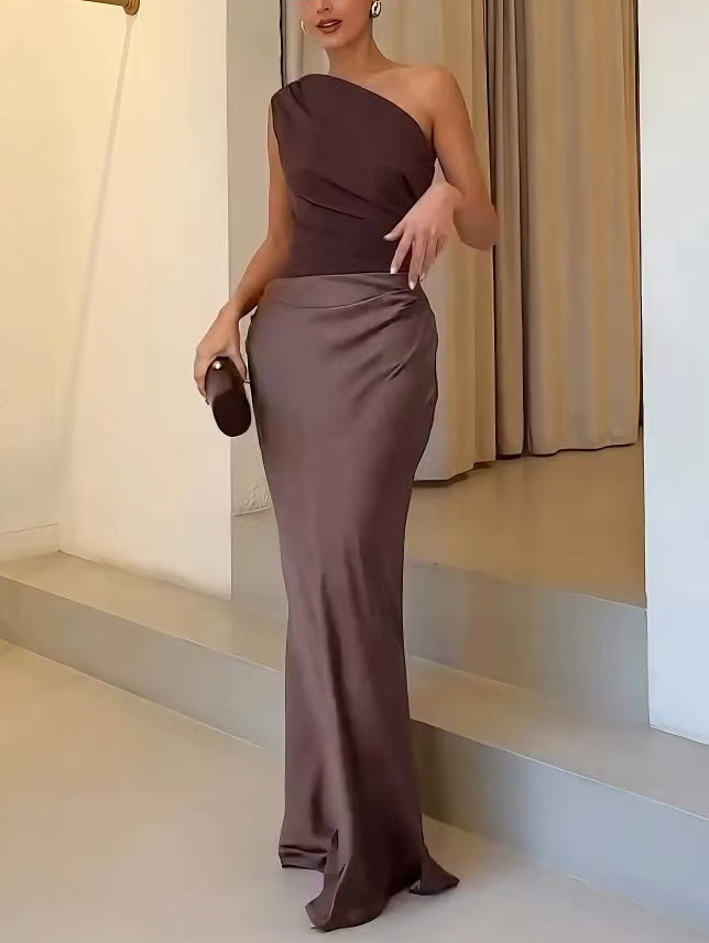 Women's One Shoulder Maxi – Ruched Bodice Satin Skirt Formal Evening Dress