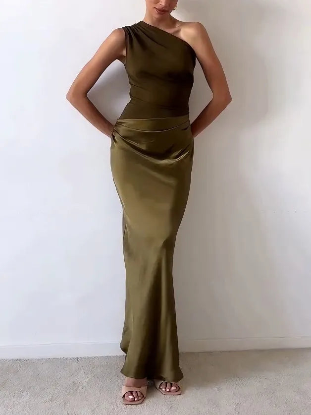 Women's One Shoulder Maxi – Ruched Bodice Satin Skirt Formal Evening Dress