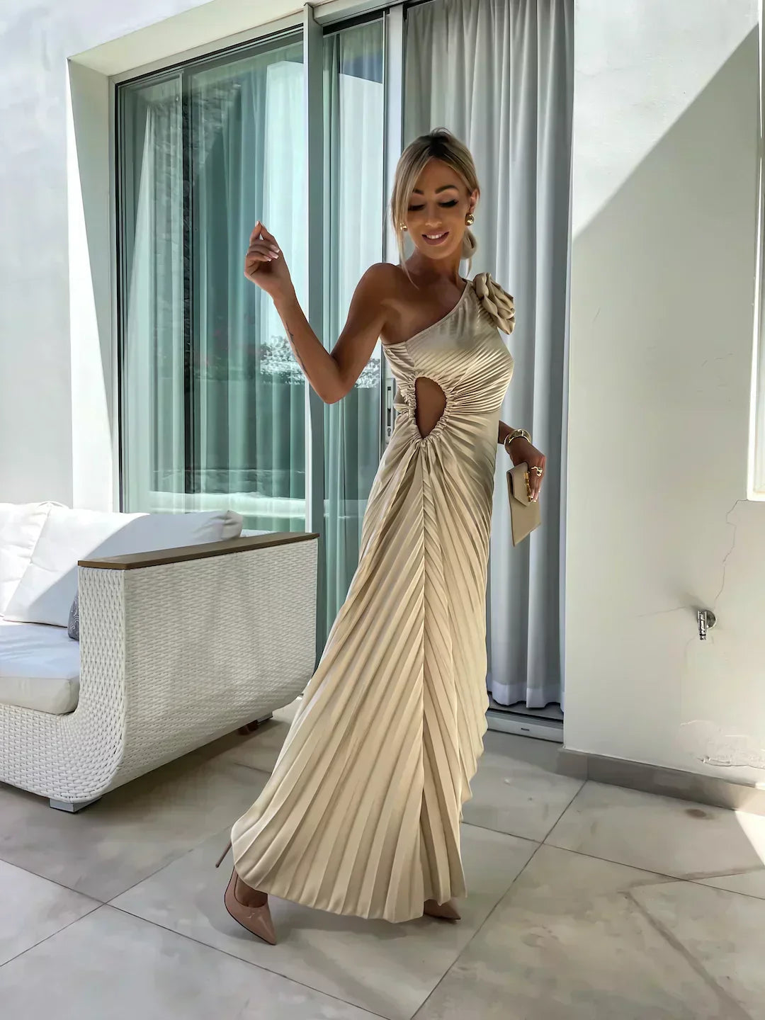 Women's One Shoulder Pleated Midi – Rosette Ruched Wedding Guest Dress