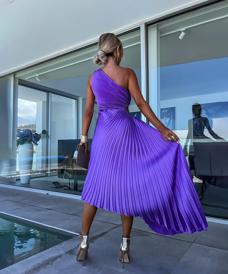 Women's Solid One Shoulder Pleated Midi – Ruched Waist Asymmetric Wedding Guest Dress