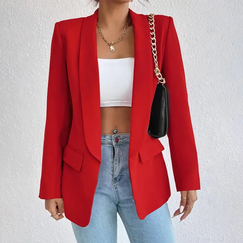 Women's Open Front Shawl Collar Blazer – Flap Pocket Long Sleeve Work Jacket