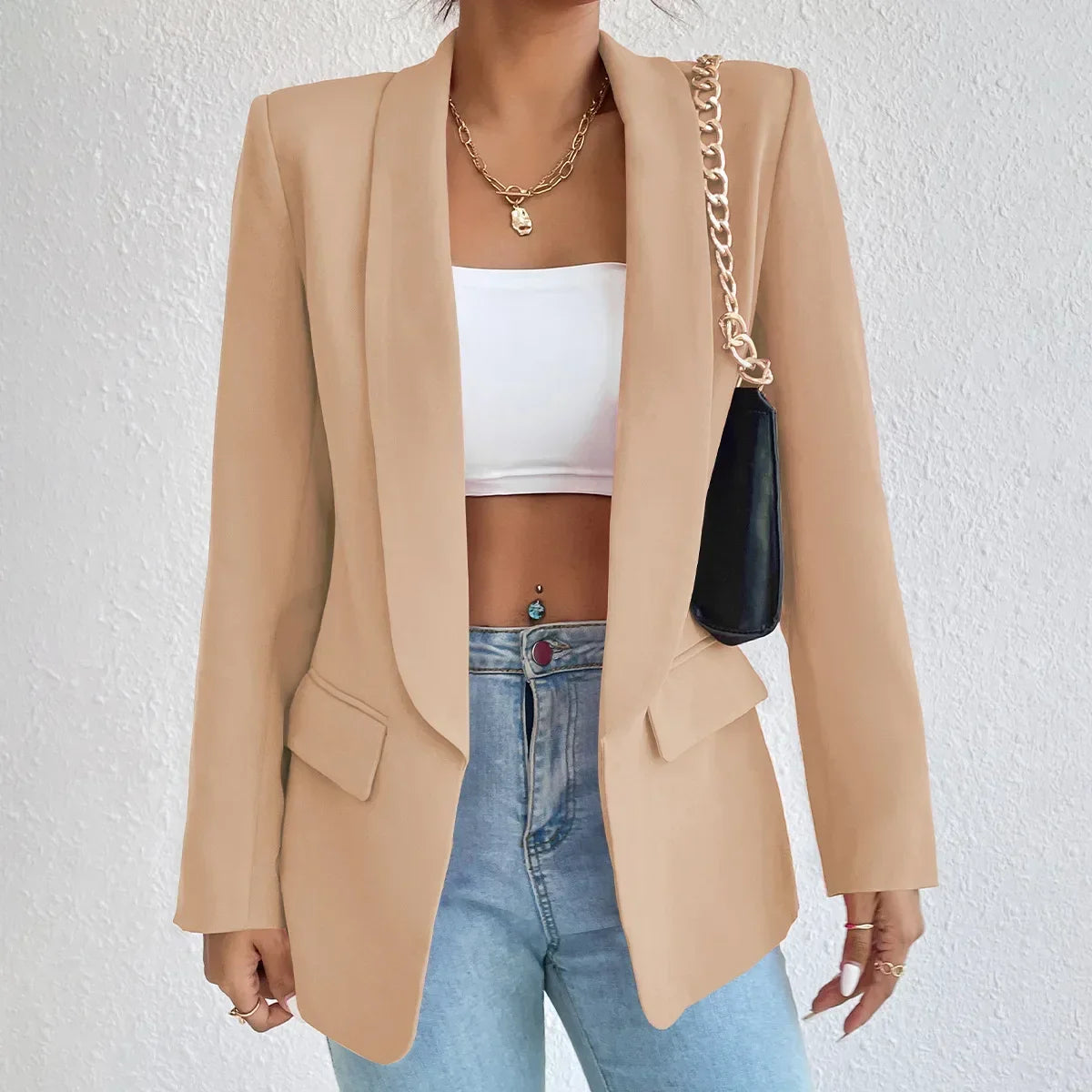 Women's Open Front Shawl Collar Blazer – Flap Pocket Long Sleeve Work Jacket