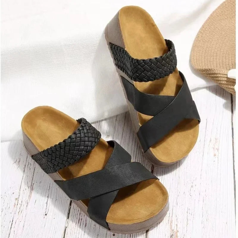 Women's Open Toe Cross Strap Platform Slide Sandals – Braided Band Summer