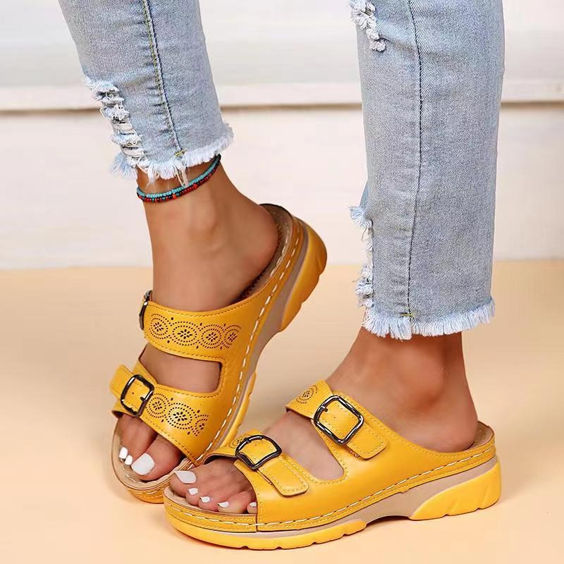 Women's Open Toe Double Buckle Cutout Mule Sandals – Platform Slip On Summer