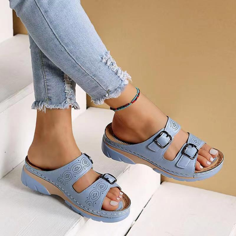 Women's Open Toe Double Buckle Cutout Mule Sandals – Platform Slip On Summer