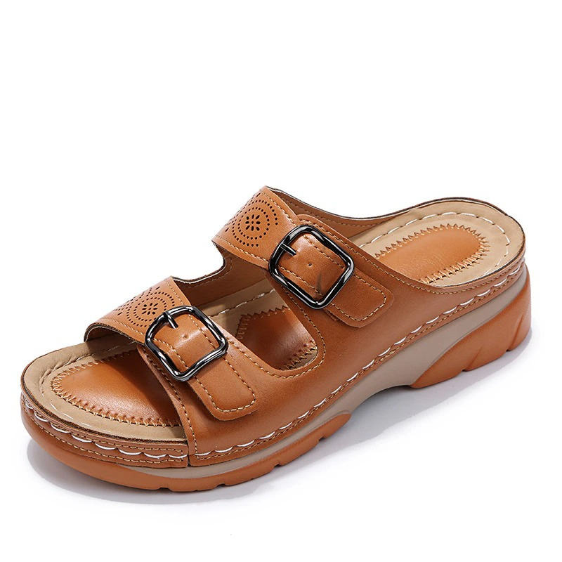 Women's Open Toe Double Buckle Cutout Mule Sandals – Platform Slip On Summer