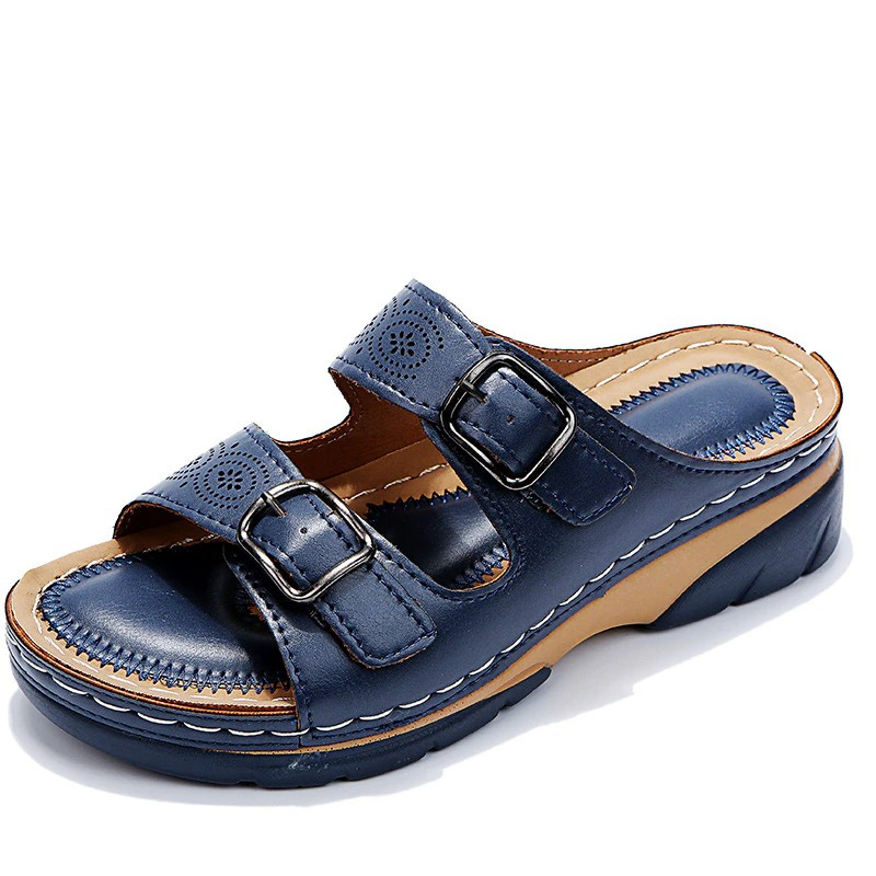 Women's Open Toe Double Buckle Cutout Mule Sandals – Platform Slip On Summer