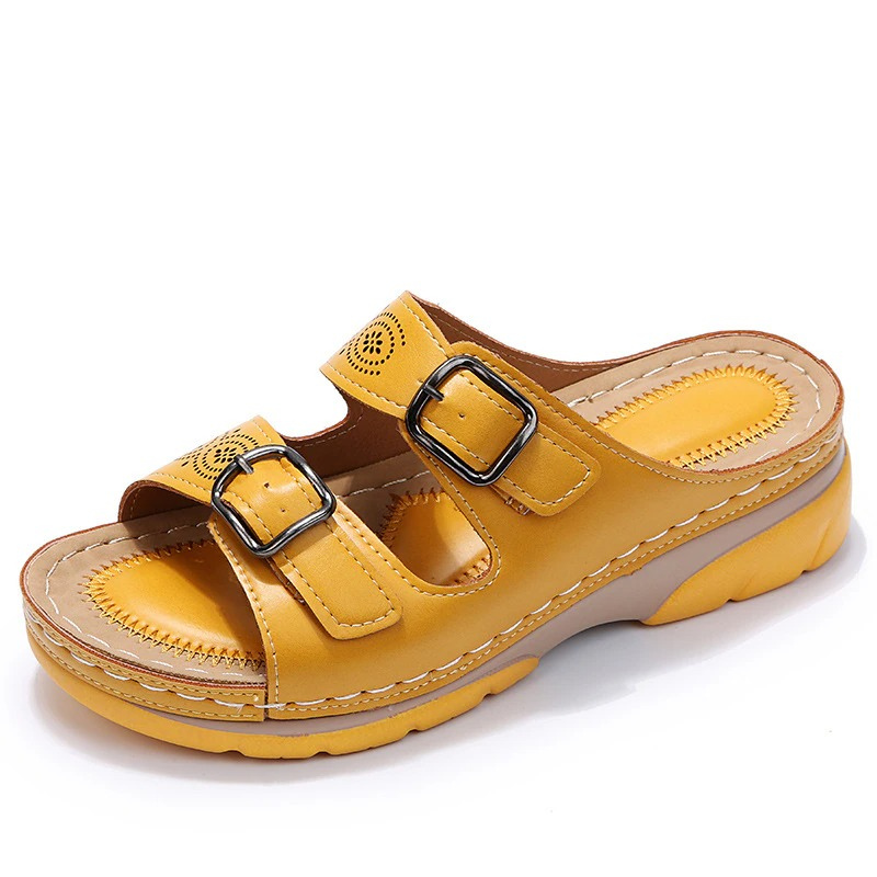Women's Open Toe Double Buckle Cutout Mule Sandals – Platform Slip On Summer