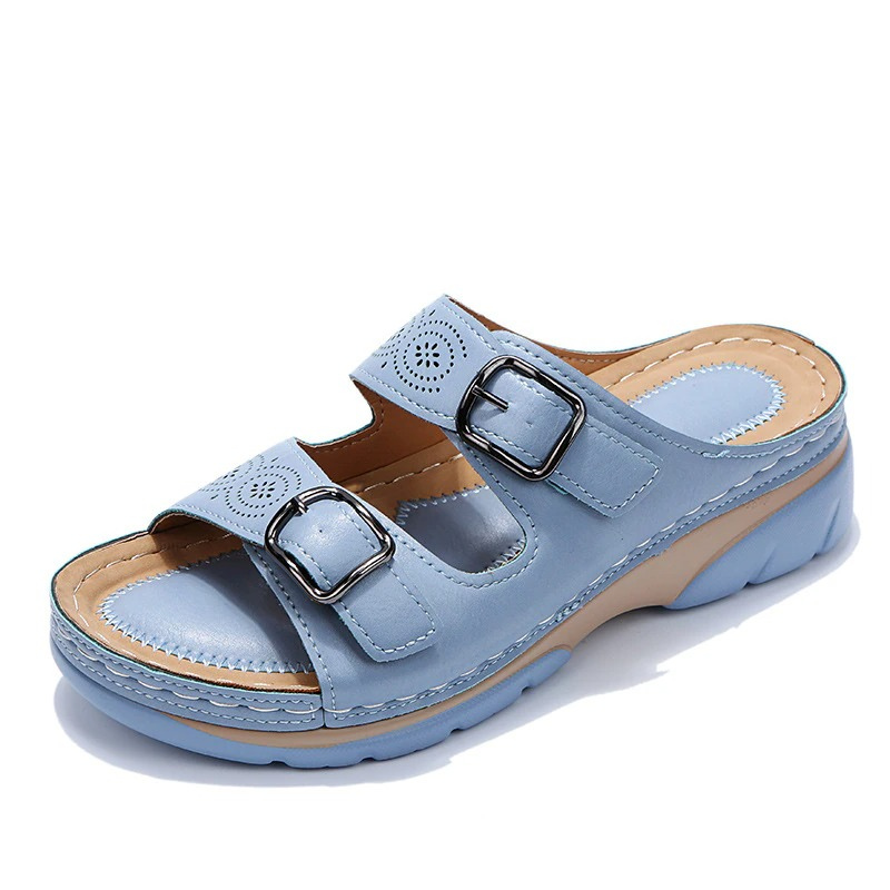 Women's Open Toe Double Buckle Cutout Mule Sandals – Platform Slip On Summer