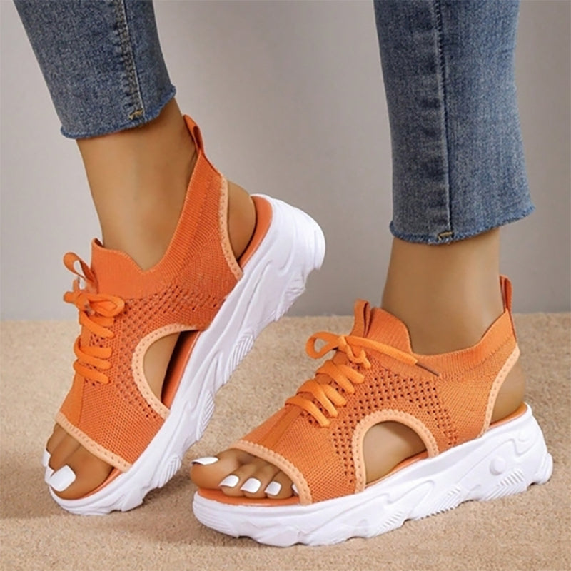 Women's Open Toe Platform Sandals – Lace Up Knit Upper Chunky Sole Casual