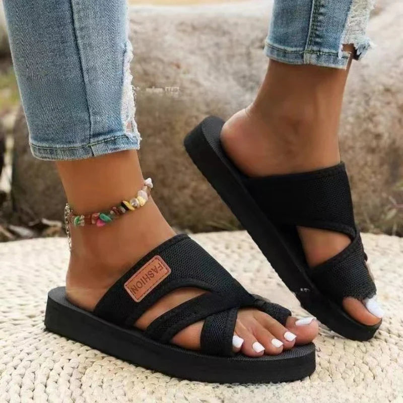 Women's Open Toe Slide Sandals – Crossover Mesh Strap Platform Casual Summer