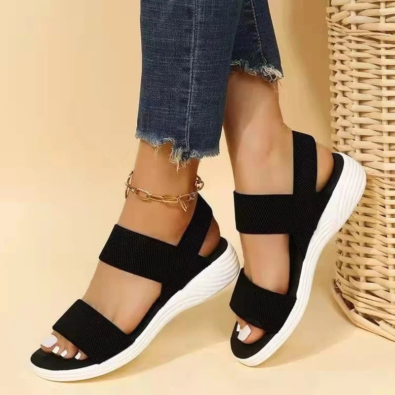 Women's Open Toe Stretch Strap Flat Sandals – Knit Band Slingback Casual