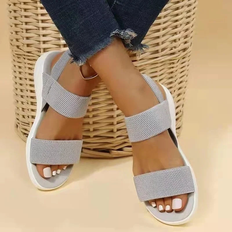 Women's Open Toe Stretch Strap Flat Sandals – Knit Band Slingback Casual