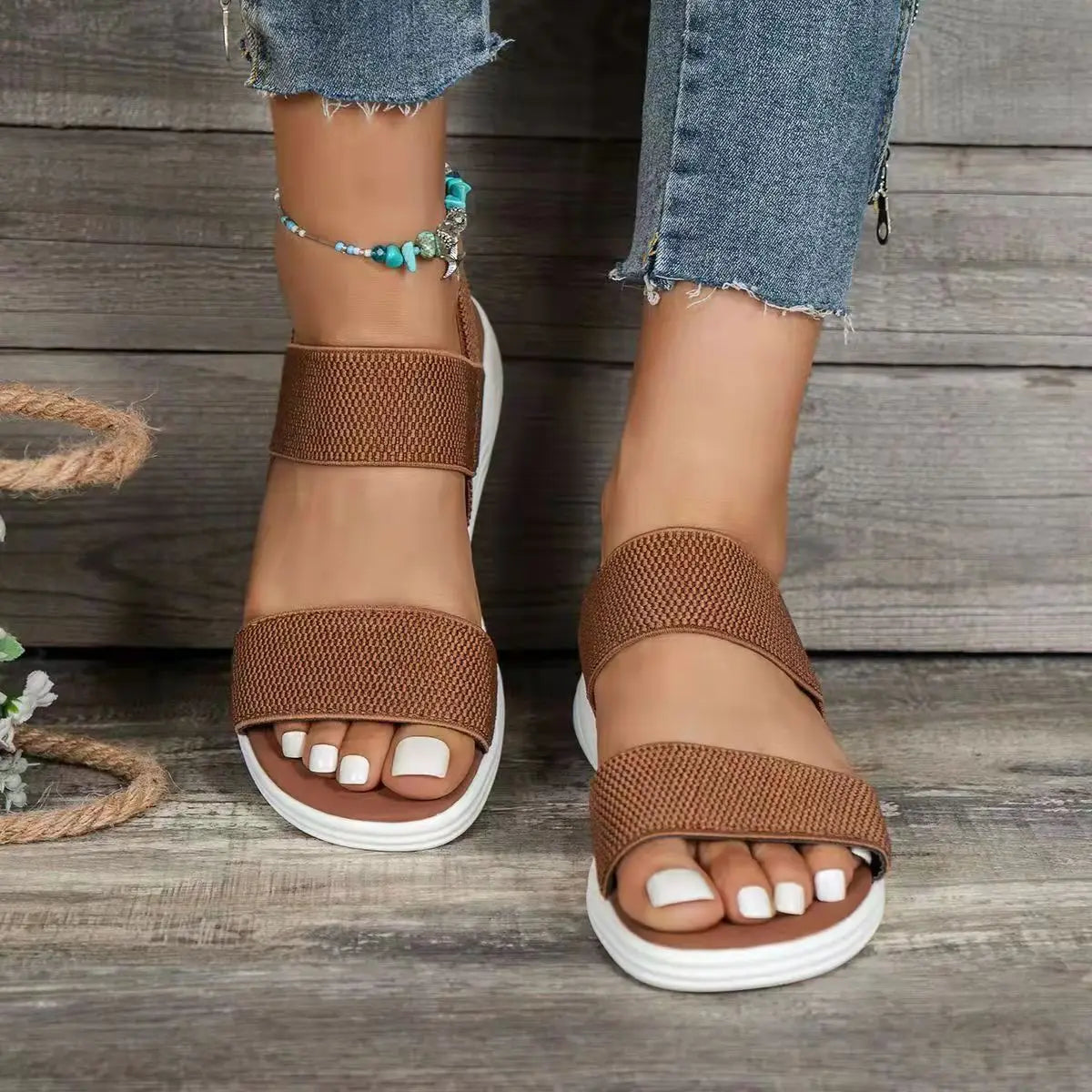 Women's Open Toe Stretch Strap Flat Sandals – Knit Band Slingback Casual