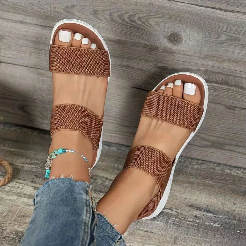 Women's Open Toe Stretch Strap Flat Sandals – Knit Band Slingback Casual