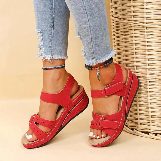 Women's Open Toe Wedge Sandals – Dual Hook Loop Strap Casual Platform