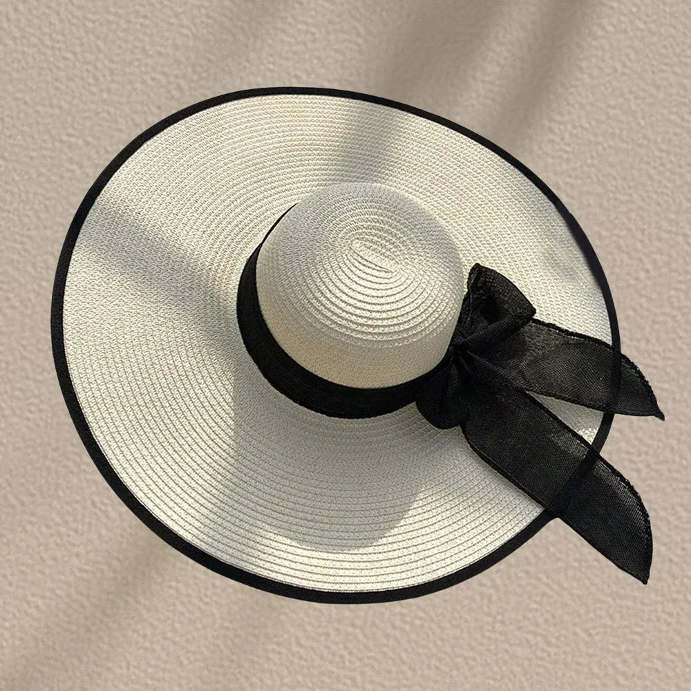 Women's Oversized Straw Beach Hat – Wide Brim Ribbon Bow Summer