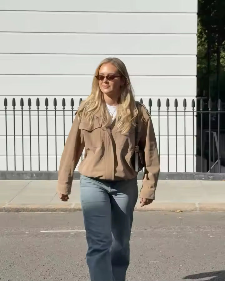 Women's Oversized Utility Jacket – Stand Collar Zip Front Flap Pocket Casual