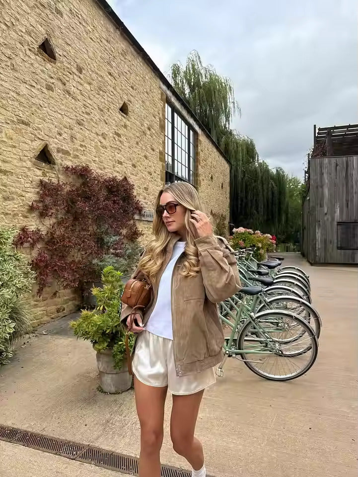Women's Oversized Utility Jacket – Stand Collar Zip Front Flap Pocket Casual