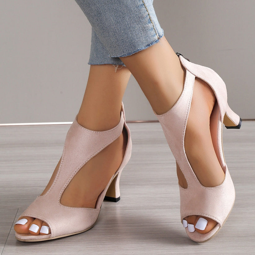 Women's Peep Toe Cut-Out Sandals – Block Heel Zip Back Summer Party