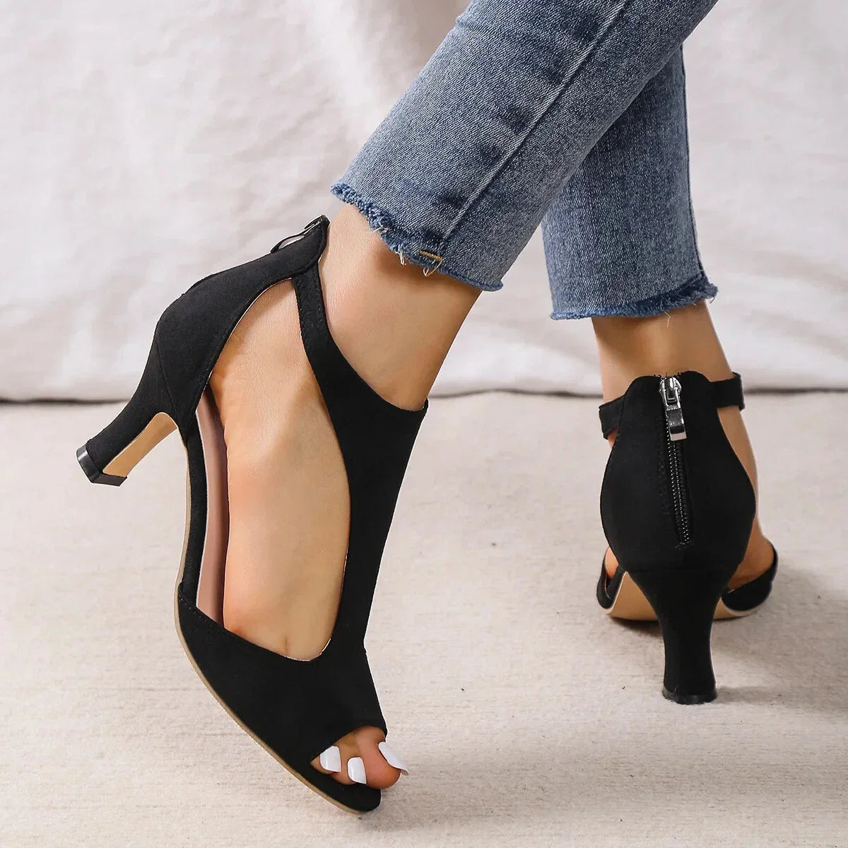 Women's Peep Toe Cut-Out Sandals – Block Heel Zip Back Summer Party