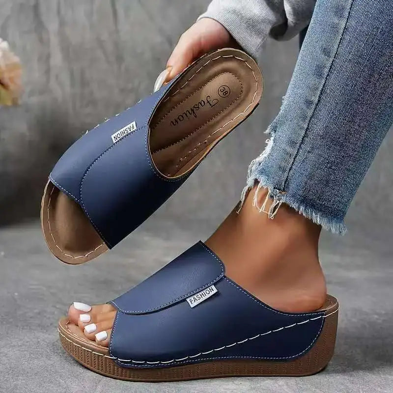 Women's Peep Toe Wedge Slide Sandals – Wide Band Slip On Casual Summer