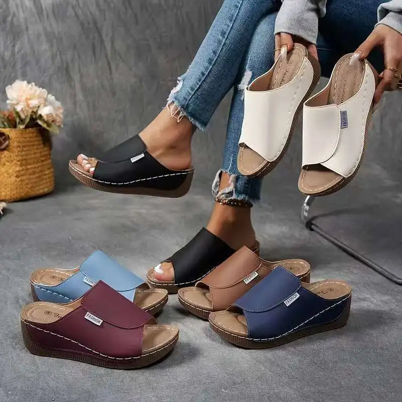 Women's Peep Toe Wedge Slide Sandals – Wide Band Slip On Casual Summer