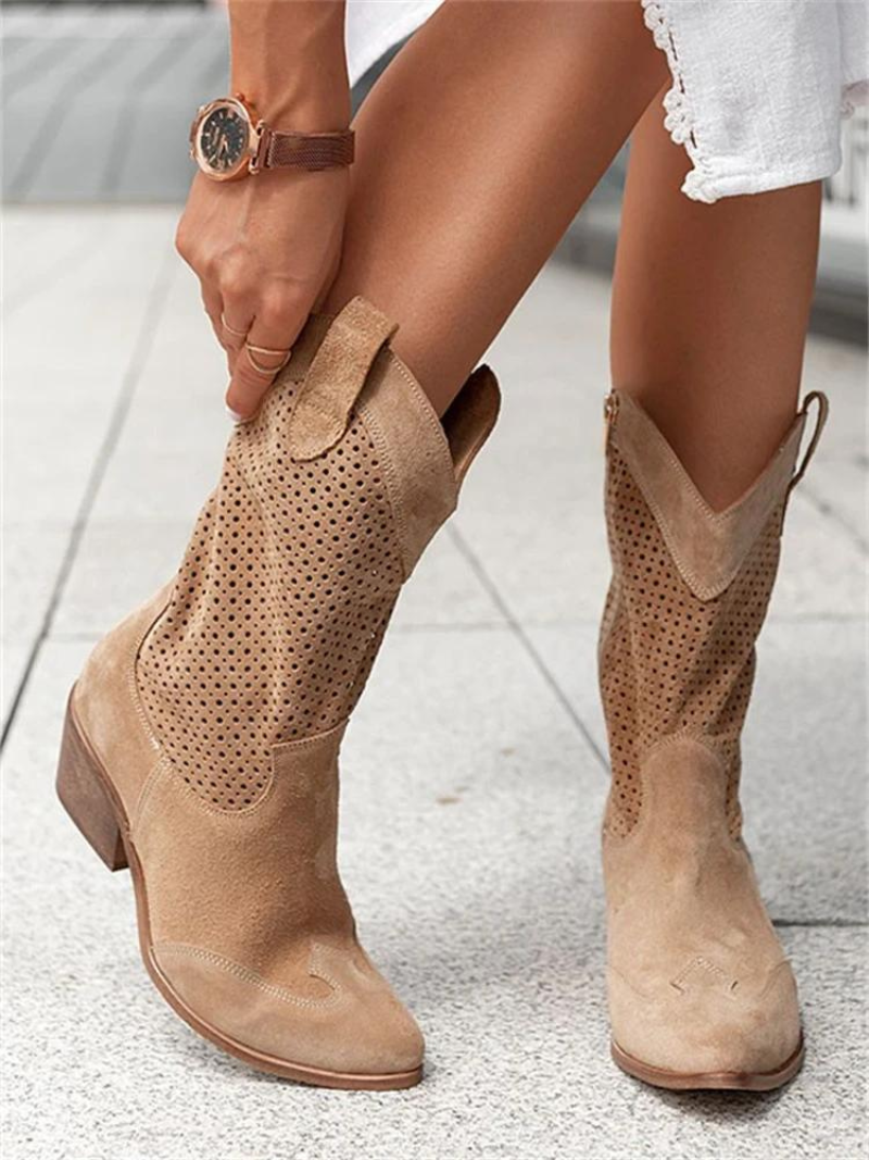 Women's Perforated Western Mid-Calf Boots – Block Heel Zip Casual