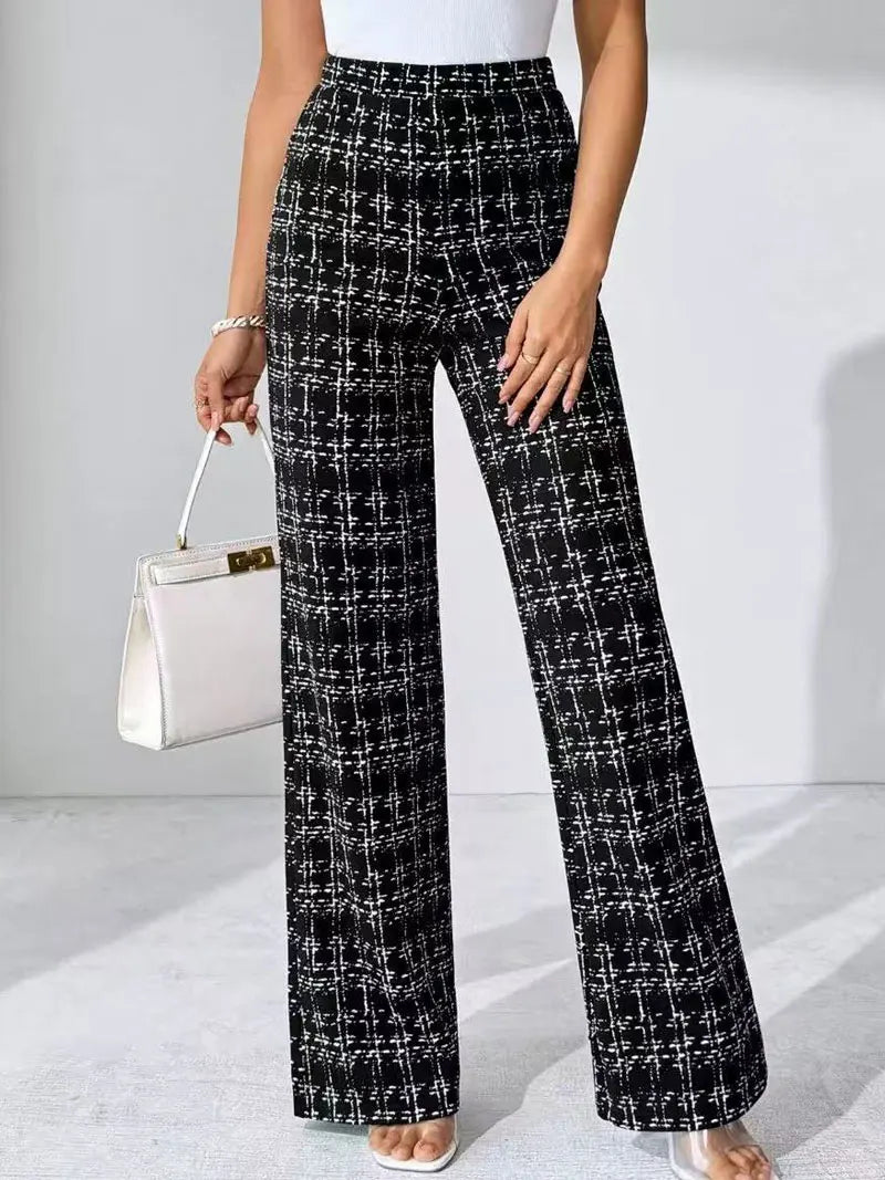 Women's Plaid Print Wide Leg Pants – High Waist Pull-On Work Office Trousers